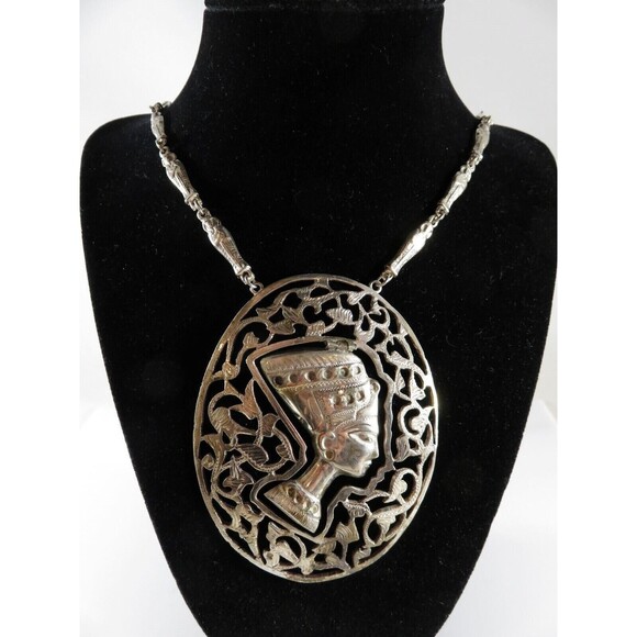 Egyptian Revival Silver Nefertiti Pendant Sarcophagus Necklace Large 3.5" Repair - Picture 1 of 16